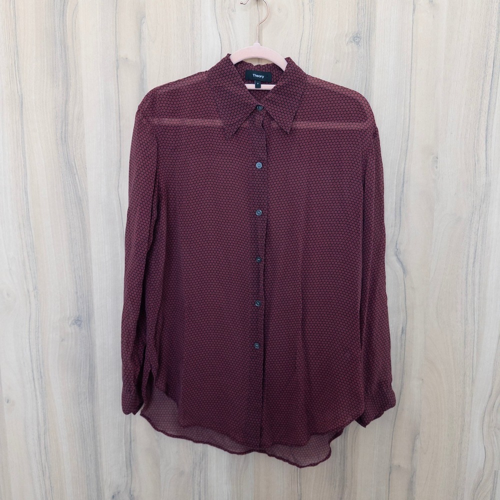 Theory Women Silk Button Up Shirt XS Burgundy Polka Dot Classic Luxury Sheer